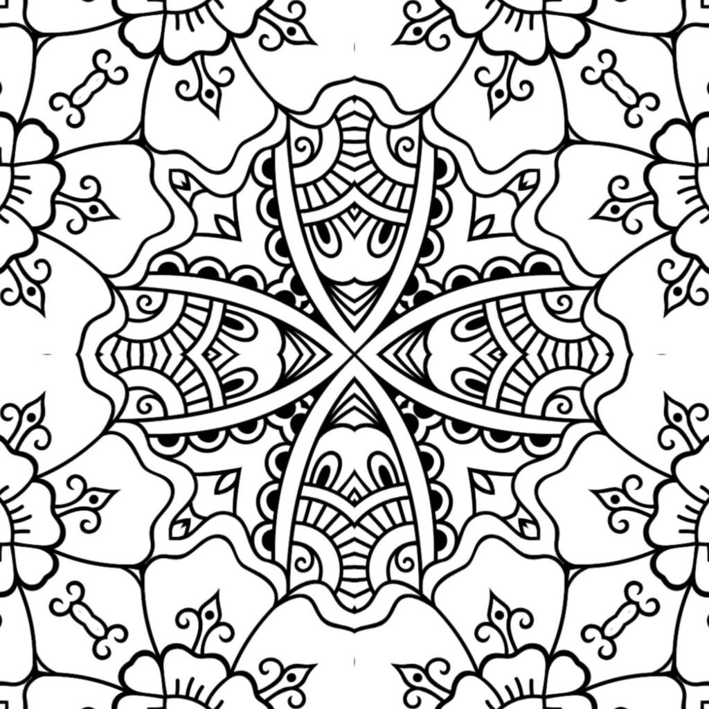 Intricate floral mandala with symmetrical petals and curling vine patterns, perfect for mindful coloring and stress relief.