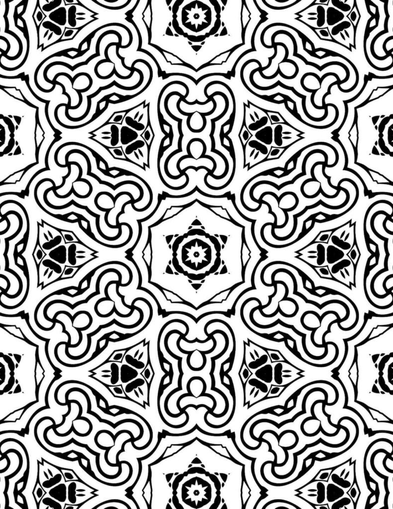 Intricate black and white mandala coloring page with flowing curlicues, symmetrical patterns, and star-like motifs, ideal for relaxation and mindfulness.