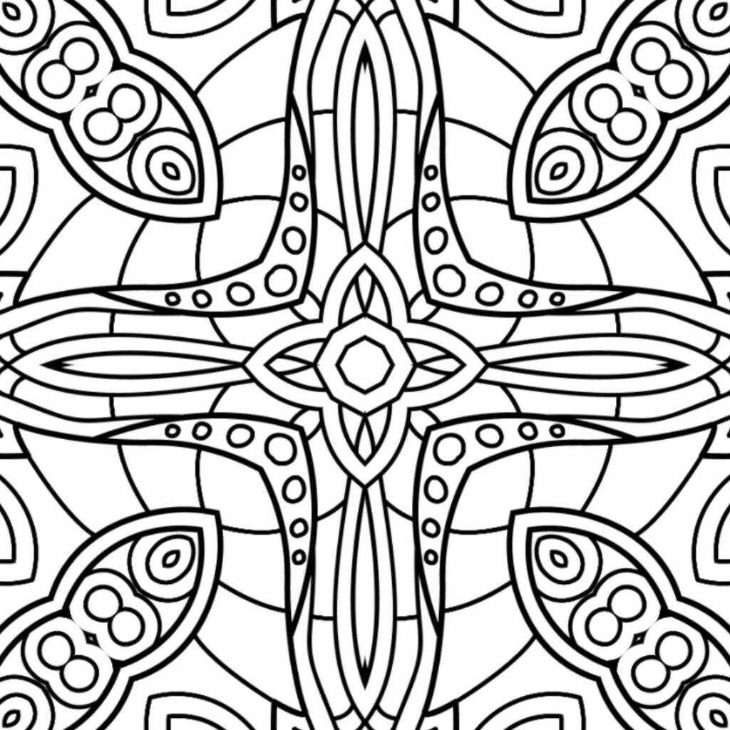 Detailed geometric mandala design for coloring, featuring intricate symmetrical patterns and a central cross motif