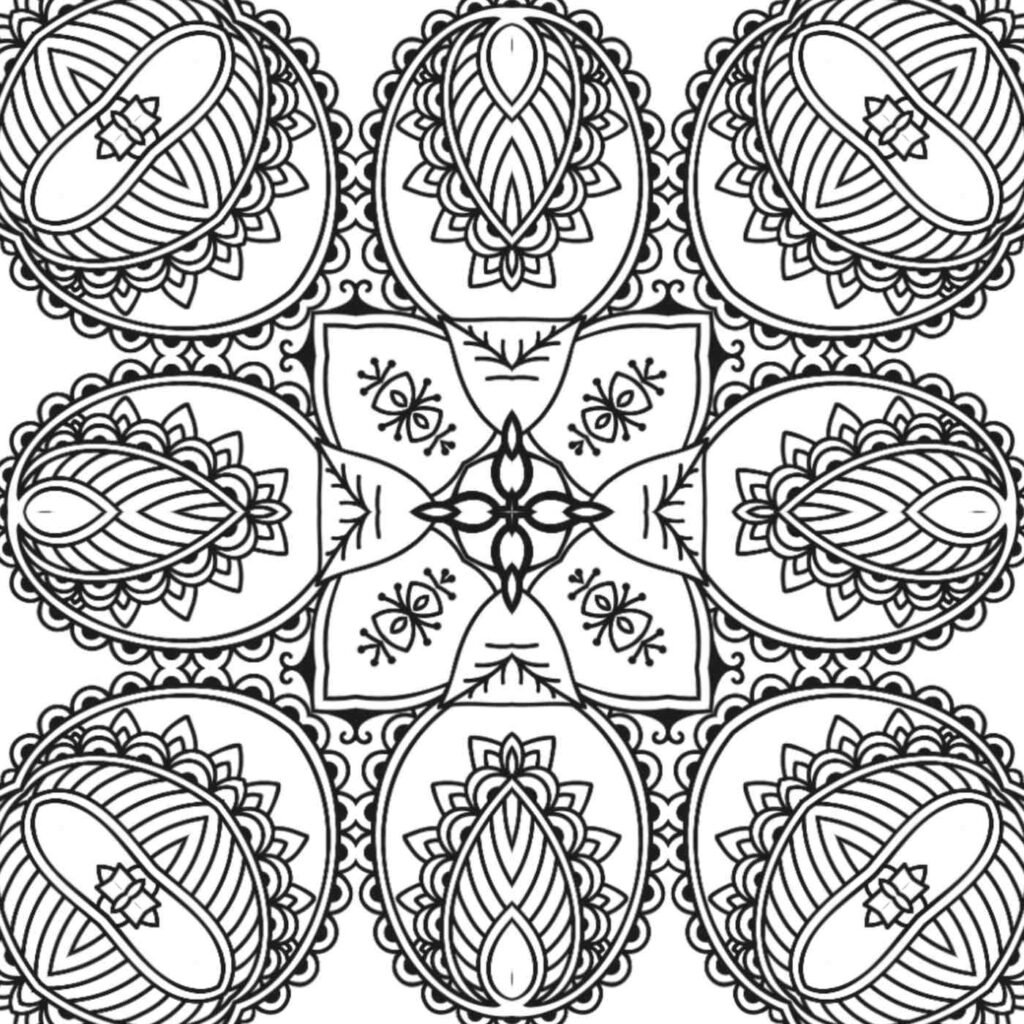 Detailed paisley and floral mandala coloring page for adults, stress relief, meditation art