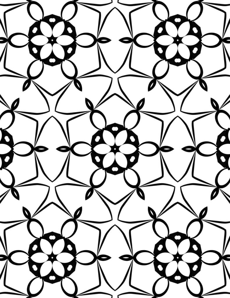 Symmetrical black and white floral mandala pattern featuring repeating petal clusters and elegant curves