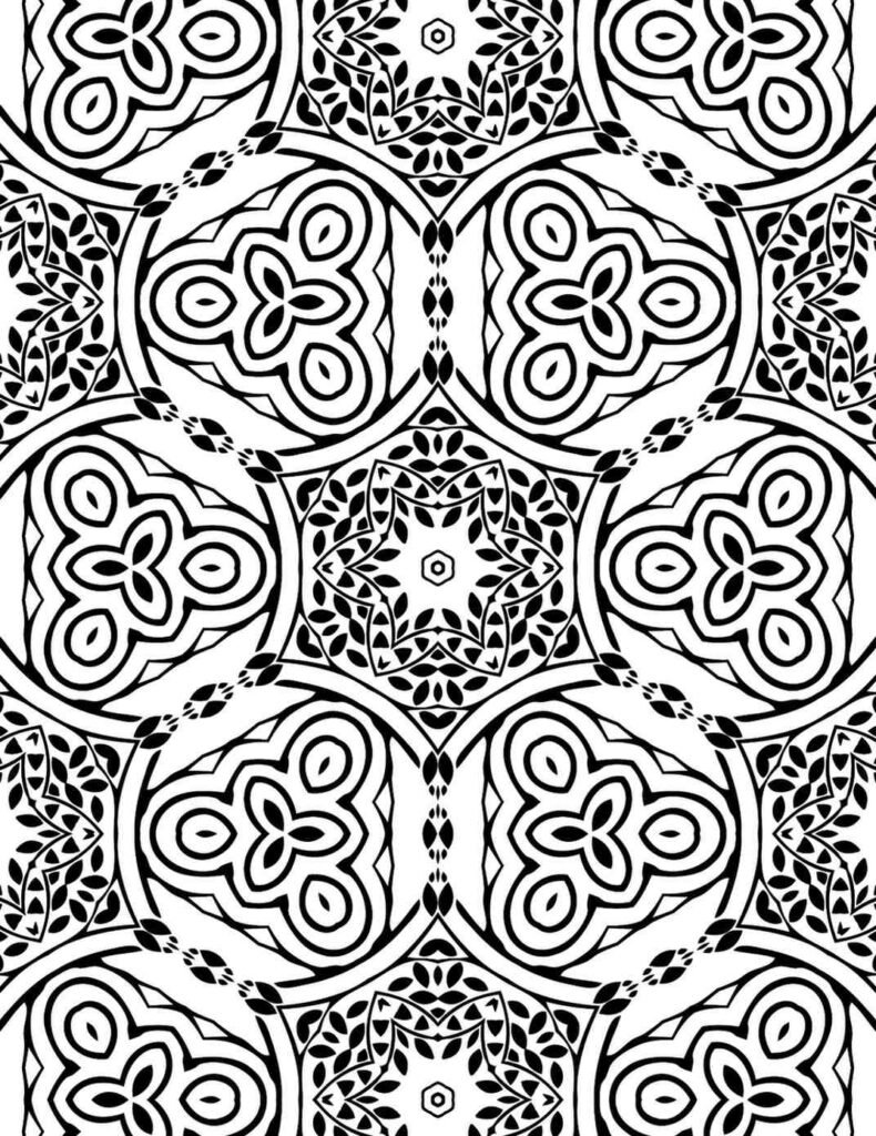 Black and white petal mandala design for coloring, stress relief, and creative expression.