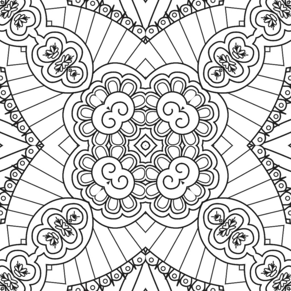 Detailed petal and swirl mandala coloring page, free printable for adult relaxation and artistic expression.