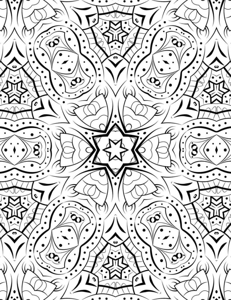 Detailed starburst mandala coloring page for mindfulness and artistic expression.
