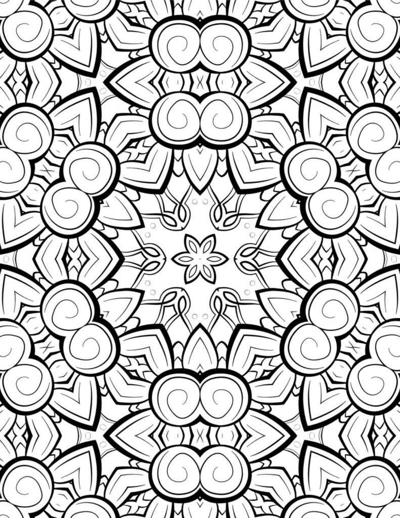 Detailed mandala coloring page with intricate floral and swirling patterns for stress relief and creative mindfulness