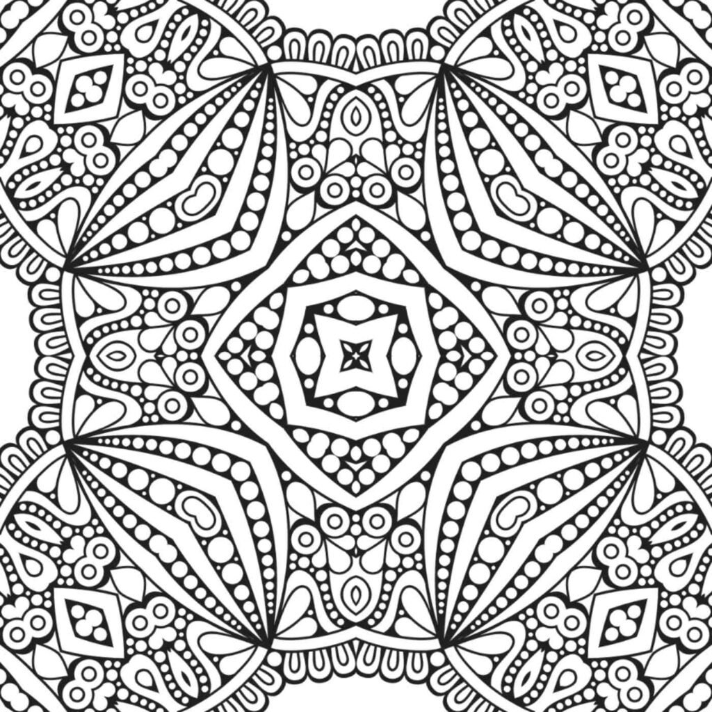 Intricate floral and geometric mandala coloring page, full page printable for relaxation and creativity