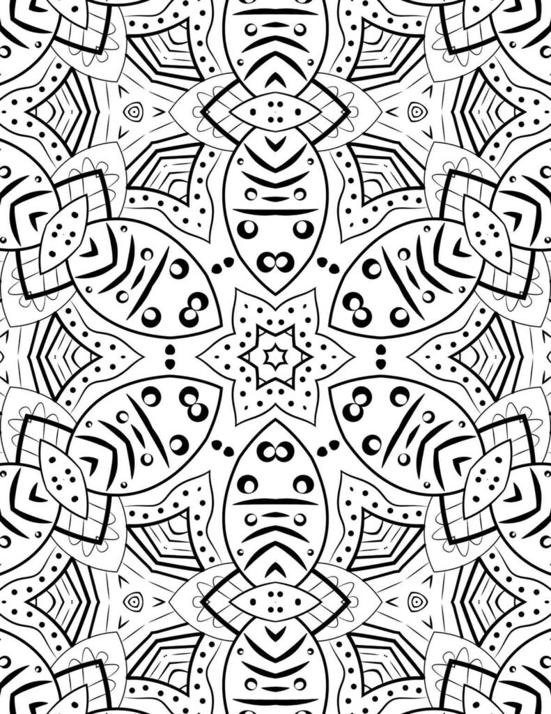 Detailed floral mandala coloring page with intricate symmetrical patterns and eight-petal motifs, ideal for stress relief and creative expression.