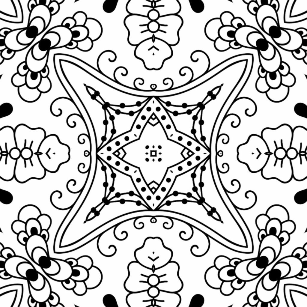 Intricate floral and geometric mandala for coloring, meditation, and stress relief, free download.