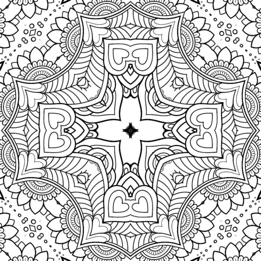 Intricate square mandala design for coloring, featuring symmetrical floral and heart-shaped patterns for mindful art therapy.