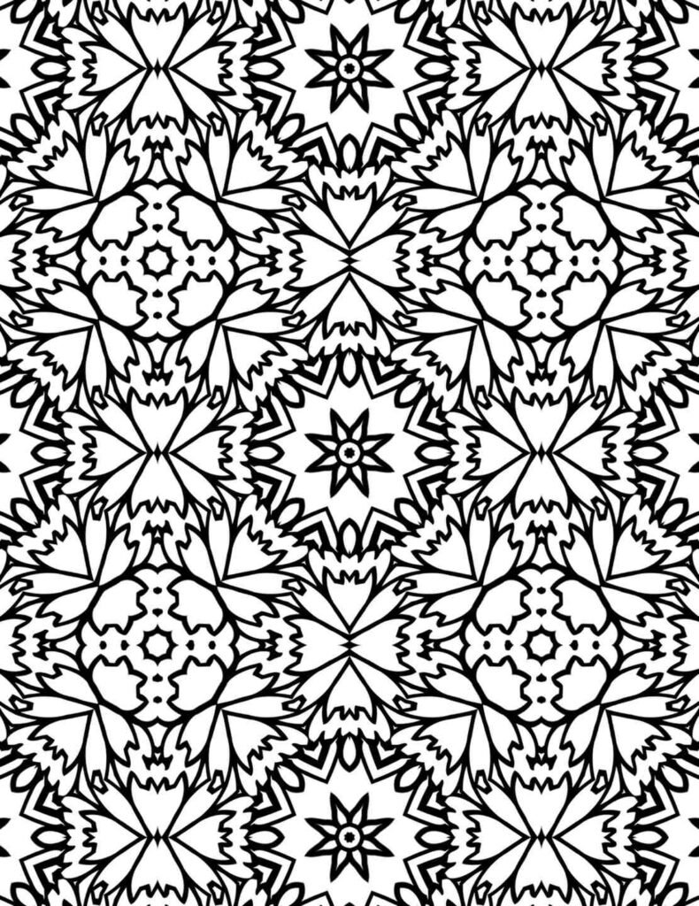 Detailed symmetrical mandala coloring page with sharp, spiky patterns and repeating floral motifs, excellent for focus and stress relief.