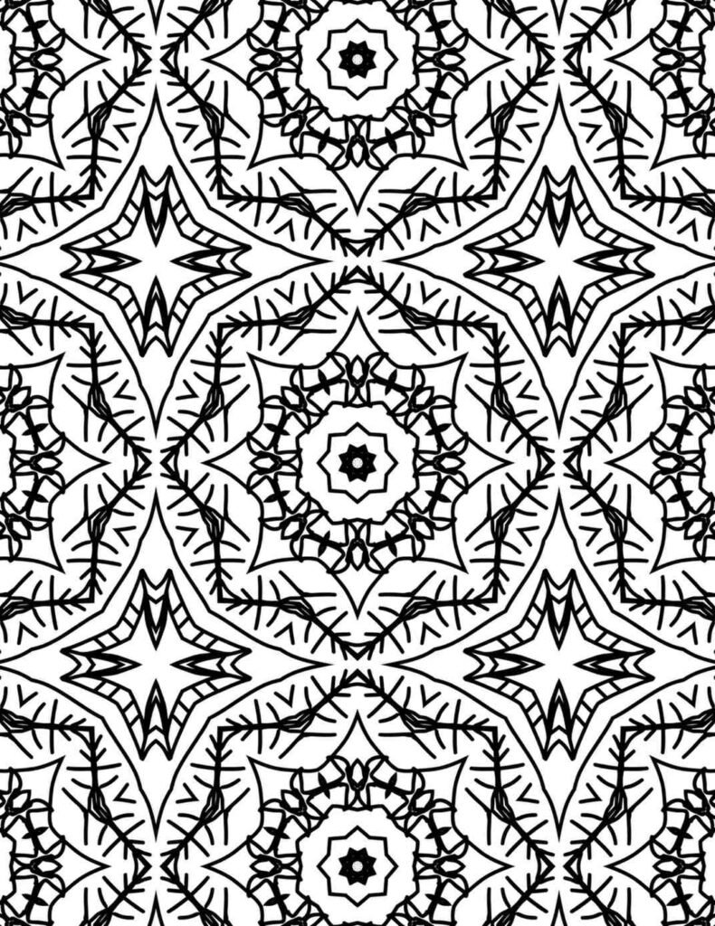 Intricate mandala design featuring spiked geometric petals and star-like centers, ideal for detailed coloring and focus.