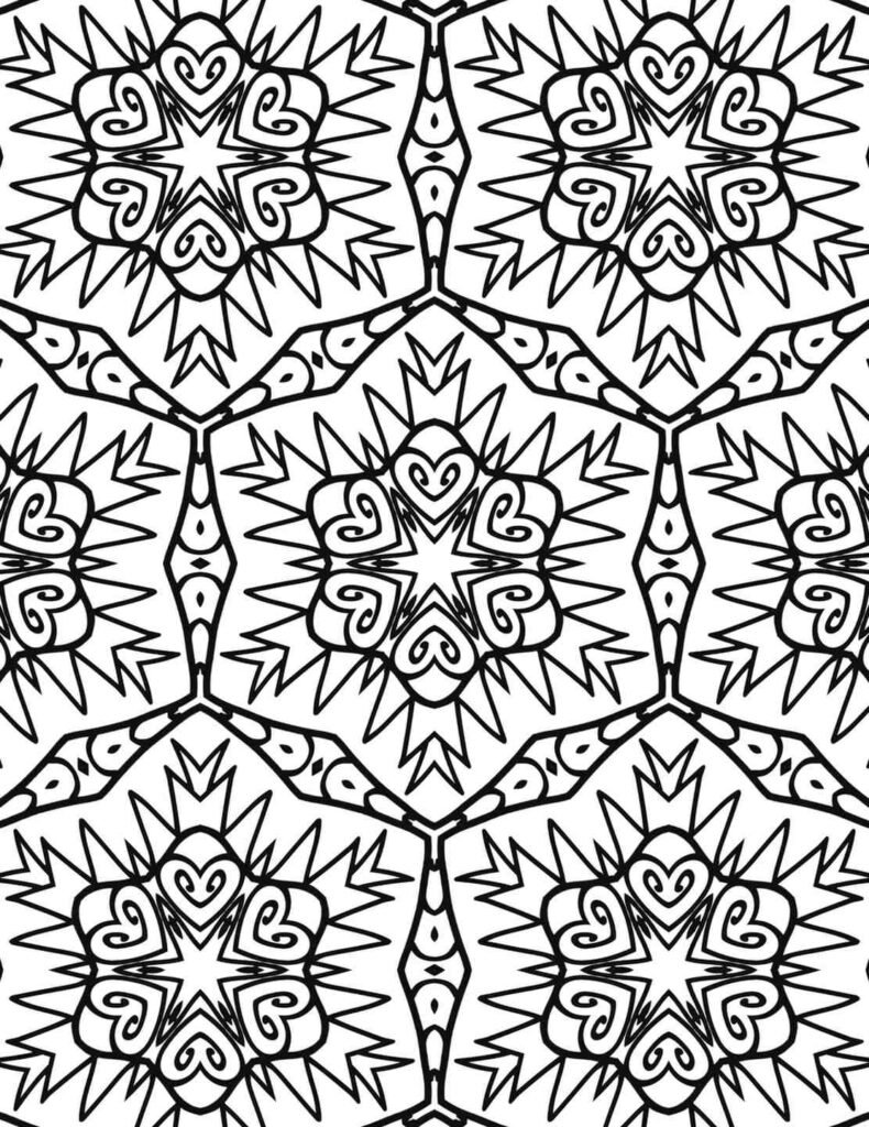 Detailed spiked star mandala coloring page for adults, intricate patterns for stress relief and meditation