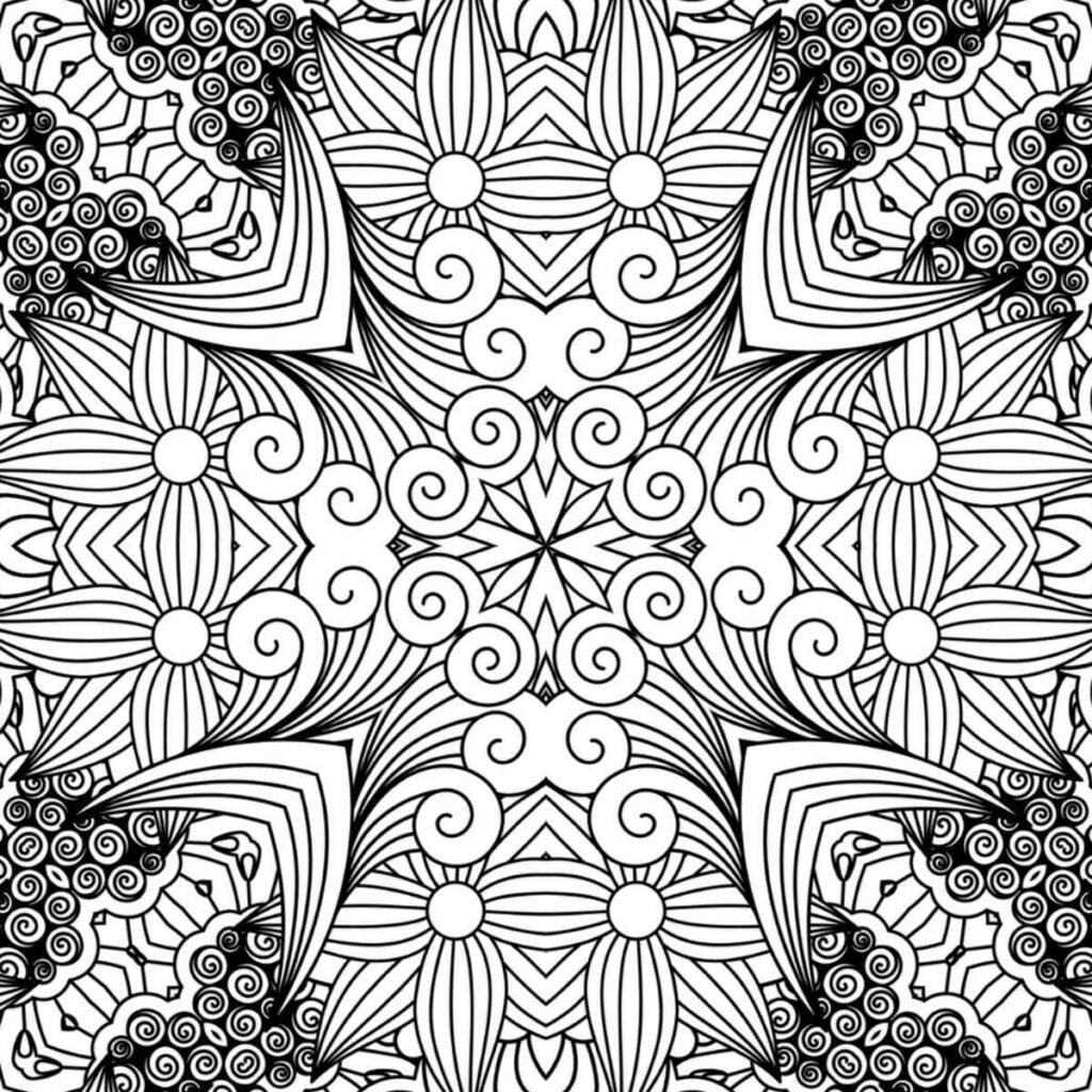 Bold black and white mandala with prominent central swirls, stylized floral petals, and intricate curled patterns in the corners, perfect for stress relief coloring