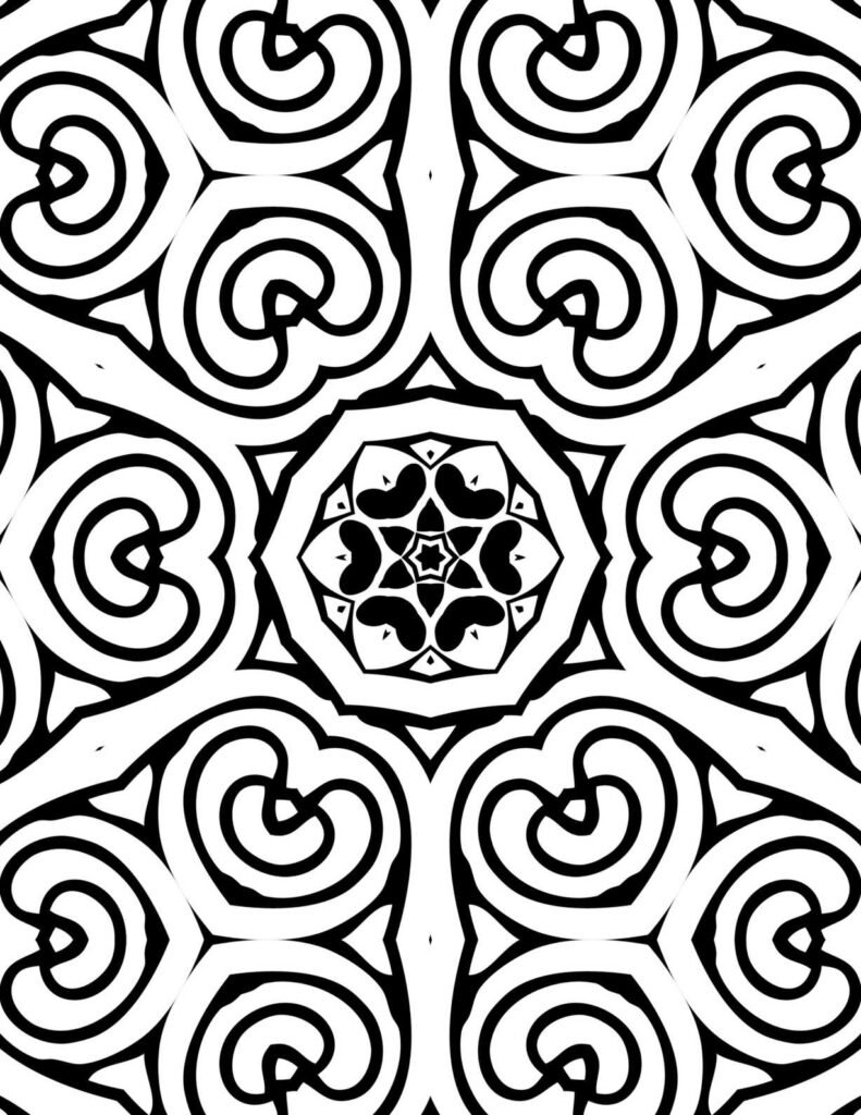 Bold black and white mandala with large spirals and a central star, perfect for stress relief