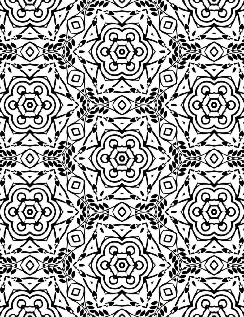 Intricate black and white mandala with repeating star-like floral motifs, delicate leaves, and geometric patterns, perfect for stress-relief coloring.