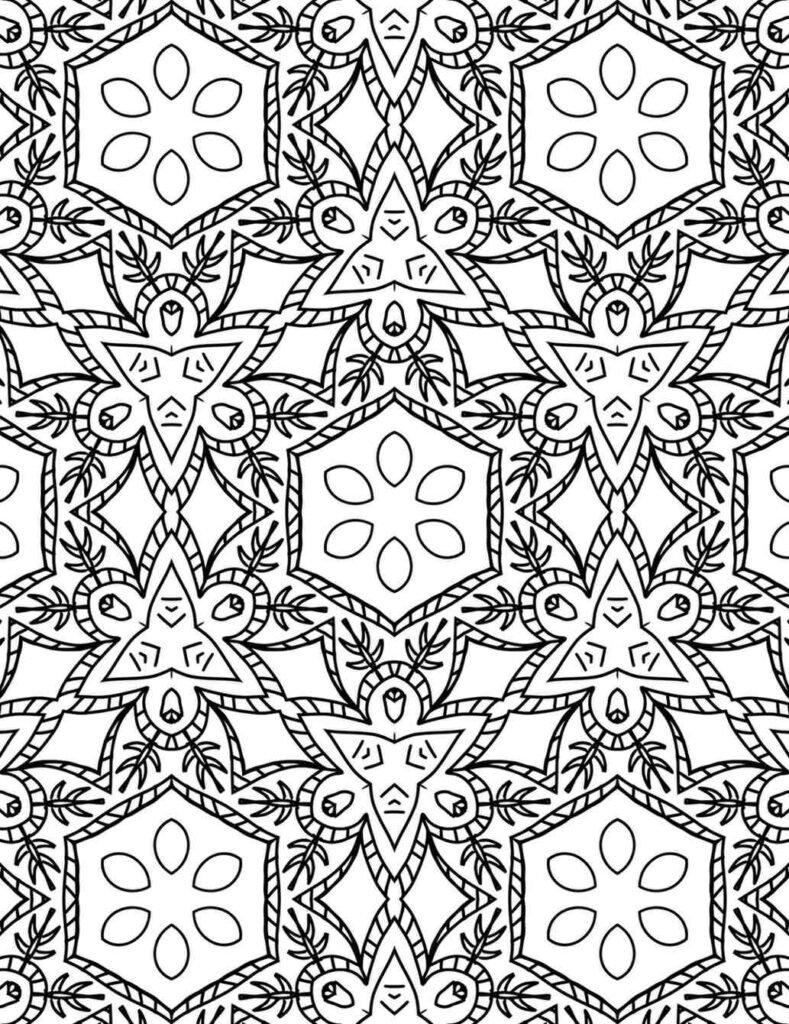 Symmetrical black and white mandala with repeating hexagonal patterns and star-like floral motifs, ideal for mindful coloring pages