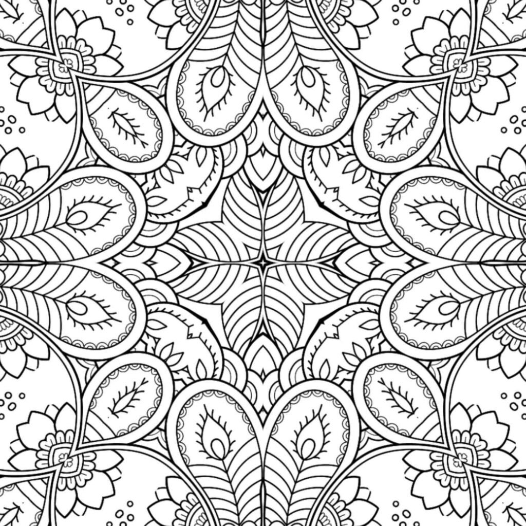 Detailed mandala coloring page with star centerpiece and layered organic patterns for adult mindfulness
