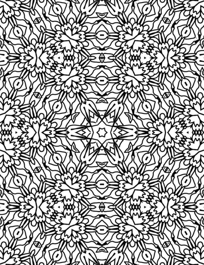 Intricate black and white mandala with repeating six-pointed stars surrounded by abstract flame-like or feathery patterns, perfect for advanced adult coloring.