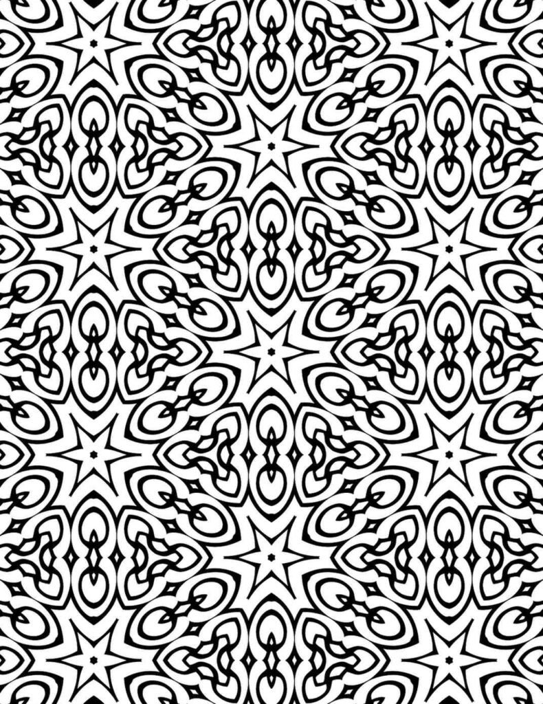 Star-shaped mandala with interwoven loops and symmetrical black line art in a repeating pattern