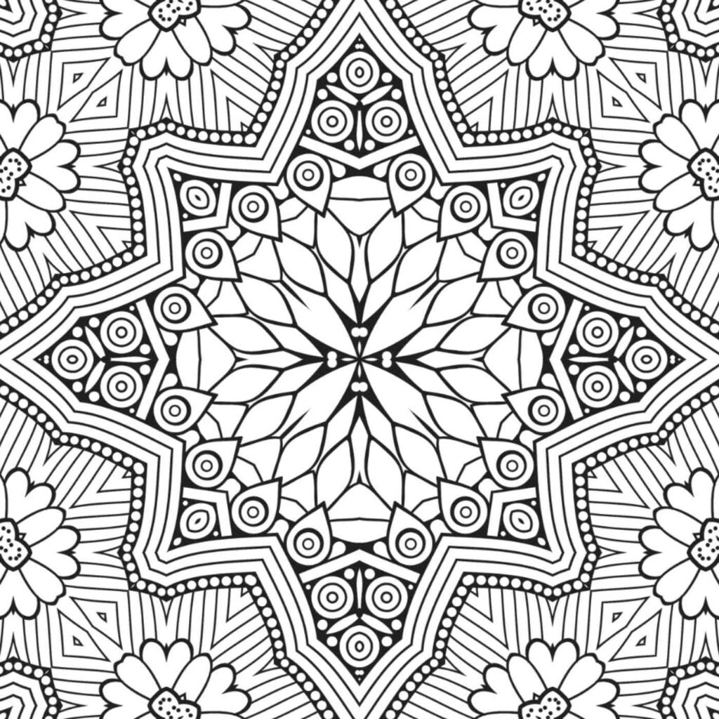 Symmetrical star-shaped mandala with floral and geometric patterns for mindfulness.