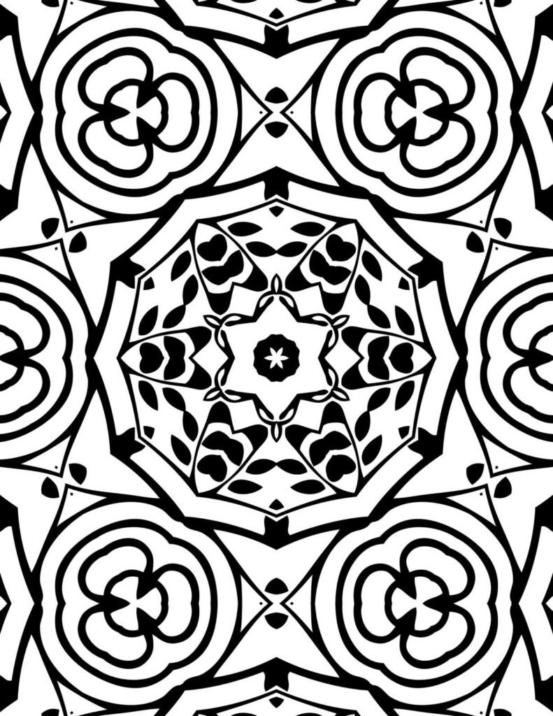 Bold symmetrical black and white mandala with a central starburst, radiating petal-like forms, and repeating looped designs for meditative coloring