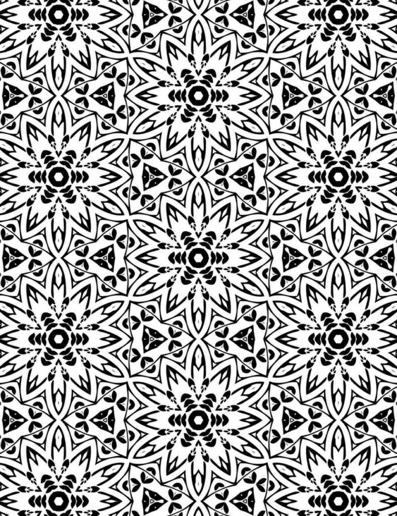 Detailed black and white starburst mandala for coloring, featuring intricate floral and geometric patterns for relaxation and creativity.