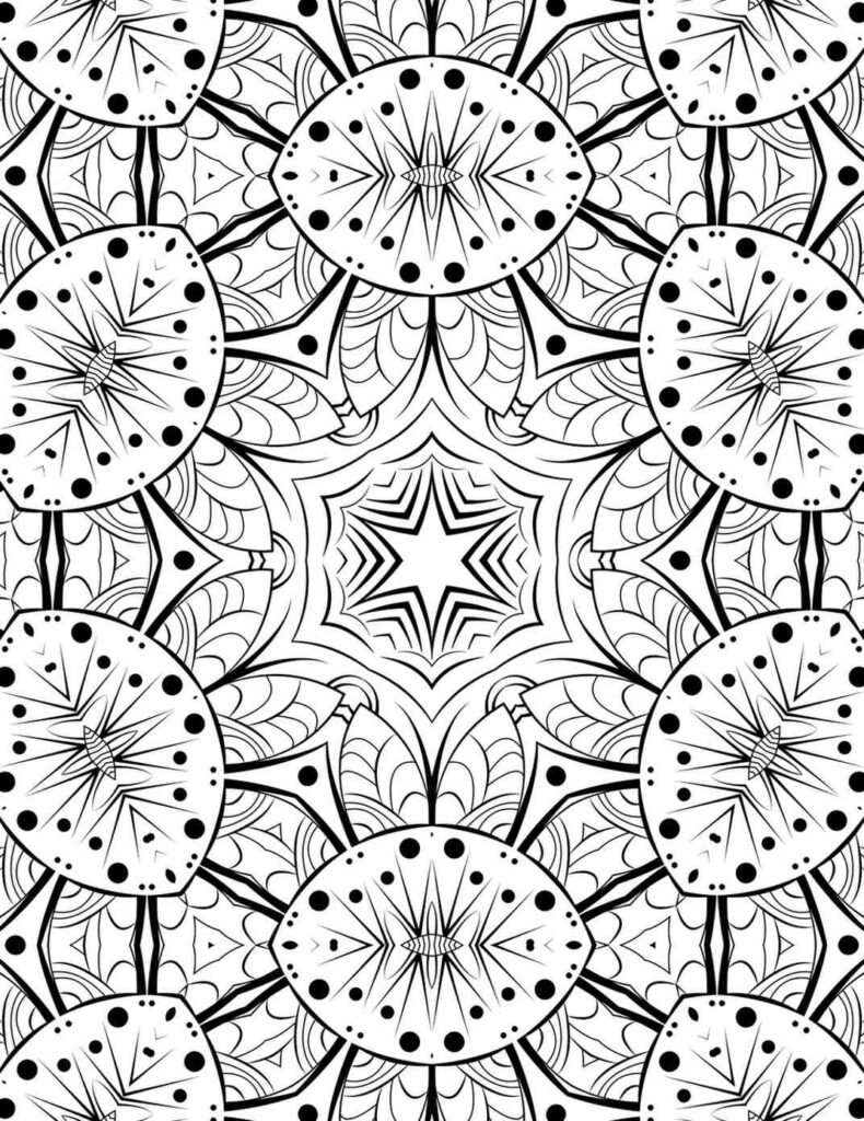 Intricate starburst bloom mandala coloring page with geometric patterns and dotted accents, ideal for relaxation and mindfulness.