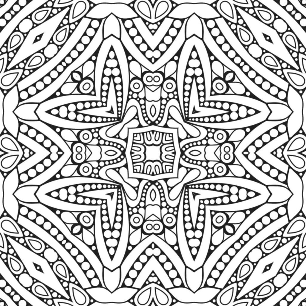 Free printable geometric starburst mandala with intricate patterns and dots for mindful coloring.