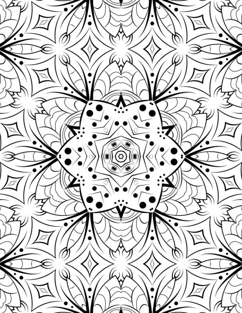 Dynamic symmetrical mandala coloring page with a central starburst, geometric patterns, dotted accents, and flowing lines, ideal for artistic expression and stress relief.