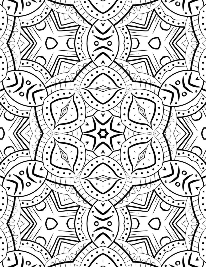 Symmetrical star flower mandala coloring page for mindfulness, intricate adult coloring design, printable geometric pattern
