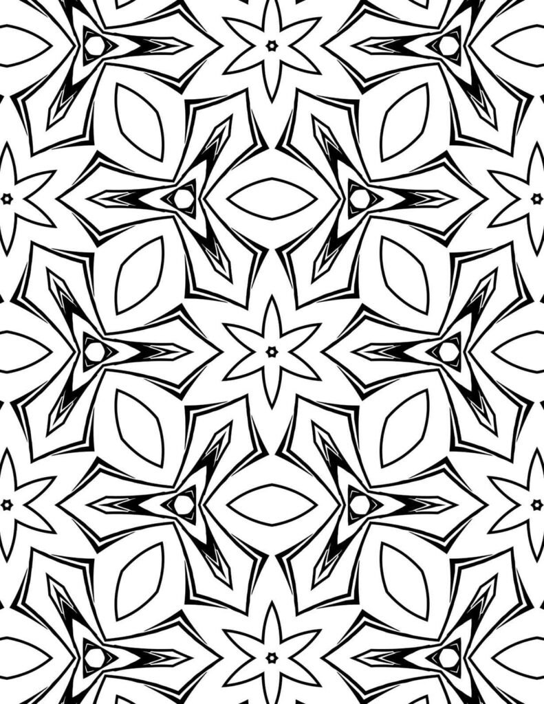 Intricate black and white mandala design with star-like patterns and repeating geometric shapes, perfect for coloring and relaxation.