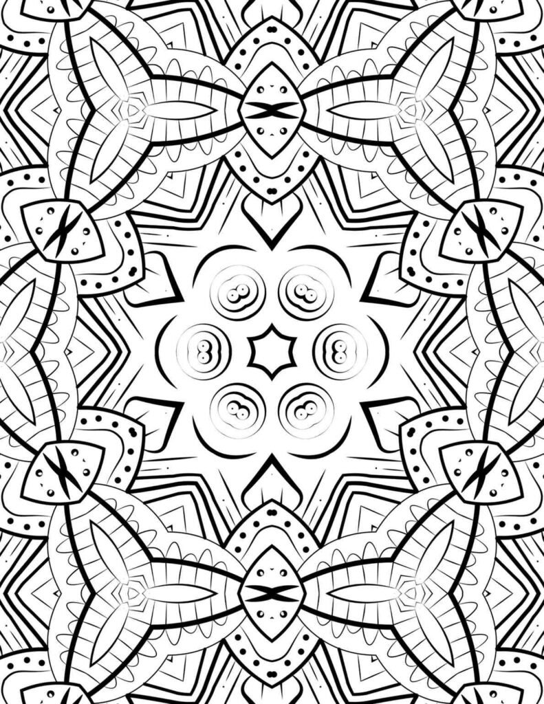 Intricate black and white mandala with a six-pointed star center and ornate symmetrical patterns, ideal for mindful coloring.