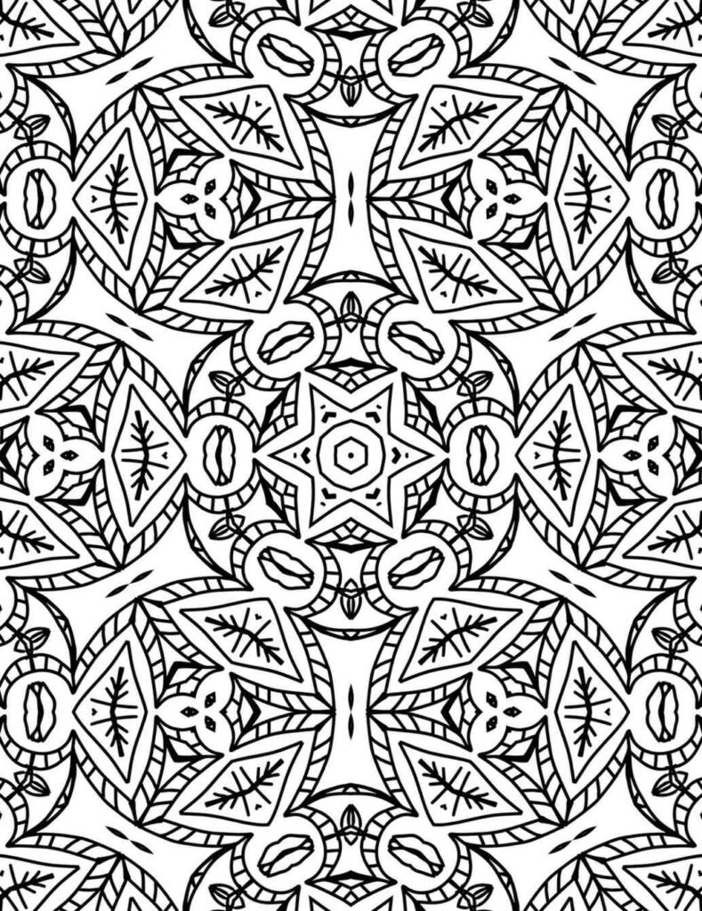 Intricate black and white geometric mandala coloring page featuring a central star and repeating symmetrical patterns, ideal for mindfulness and relaxation.