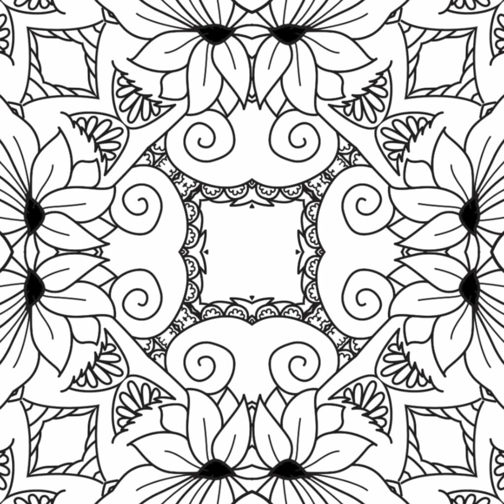 Free printable floral mandala coloring page with a central square frame, prominent sunflower-like blooms, and elegant swirling botanical patterns.