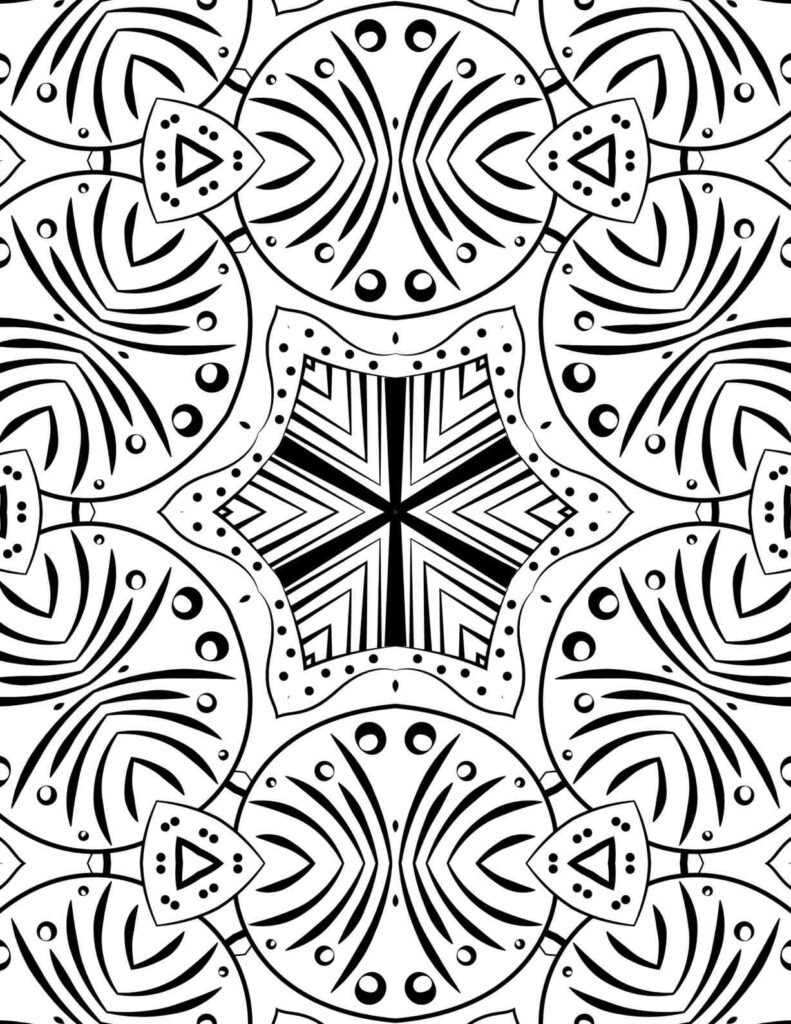 Dynamic swirl star mandala coloring page with bold geometric patterns, curved lines, and dot accents, ideal for focus and creative expression.