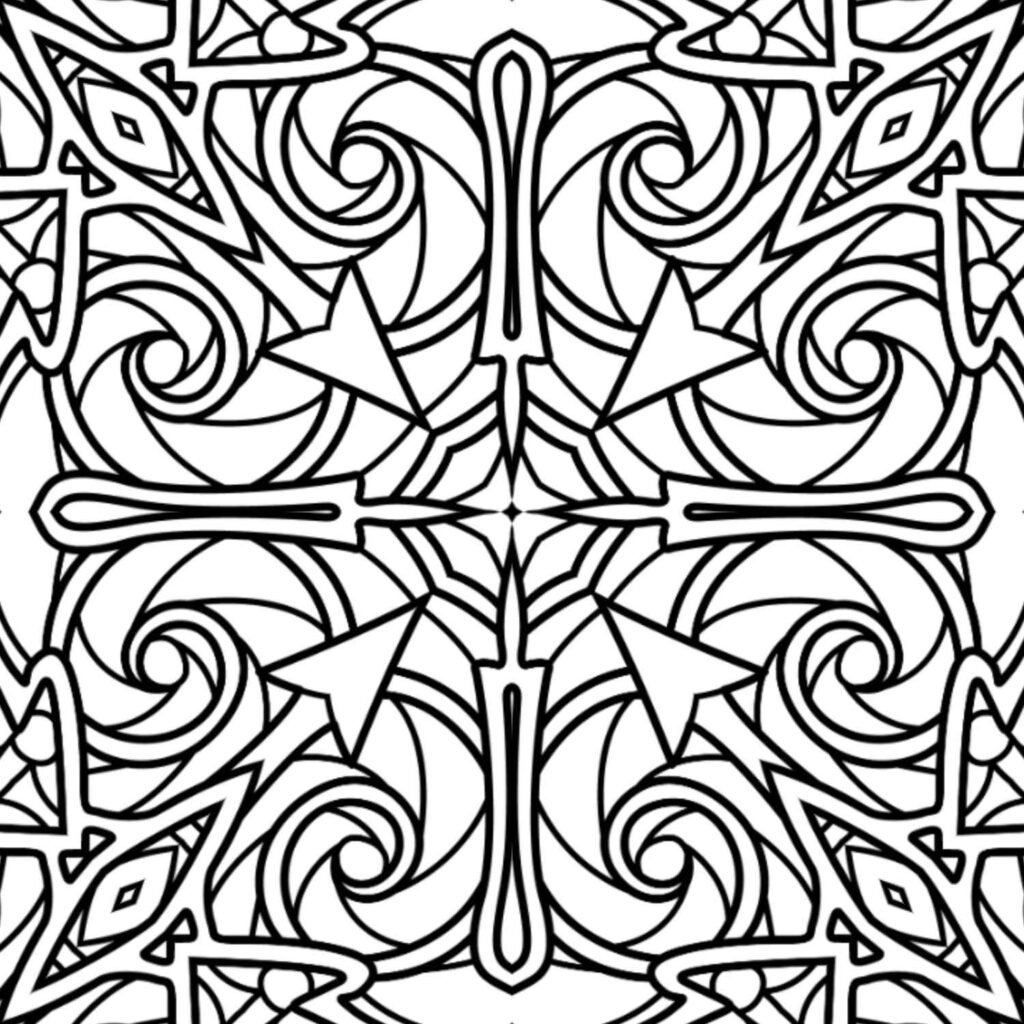 Free printable abstract mandala with strong swirling patterns, sharp triangular forms, and a central cross-like motif for coloring.