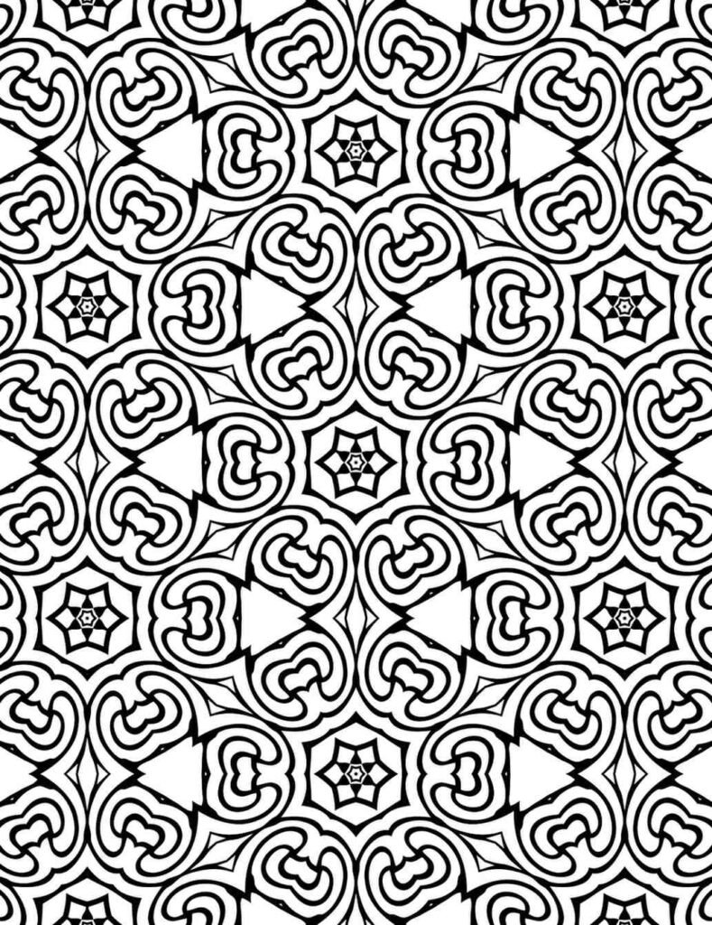 Intricate black and white mandala pattern for coloring and relaxation