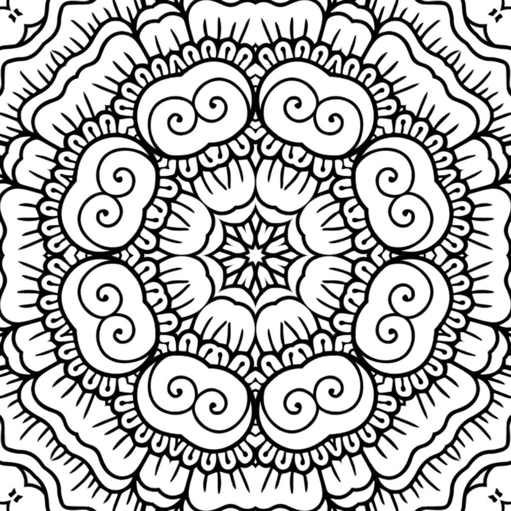 Black and white mandala illustration featuring a central geometric motif surrounded by repeating swirling and petal-like shapes, promoting relaxation through coloring.
