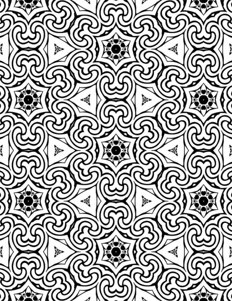 Intricate black and white mandala with swirling curlicues and symmetrical floral centers, ideal for adult coloring.