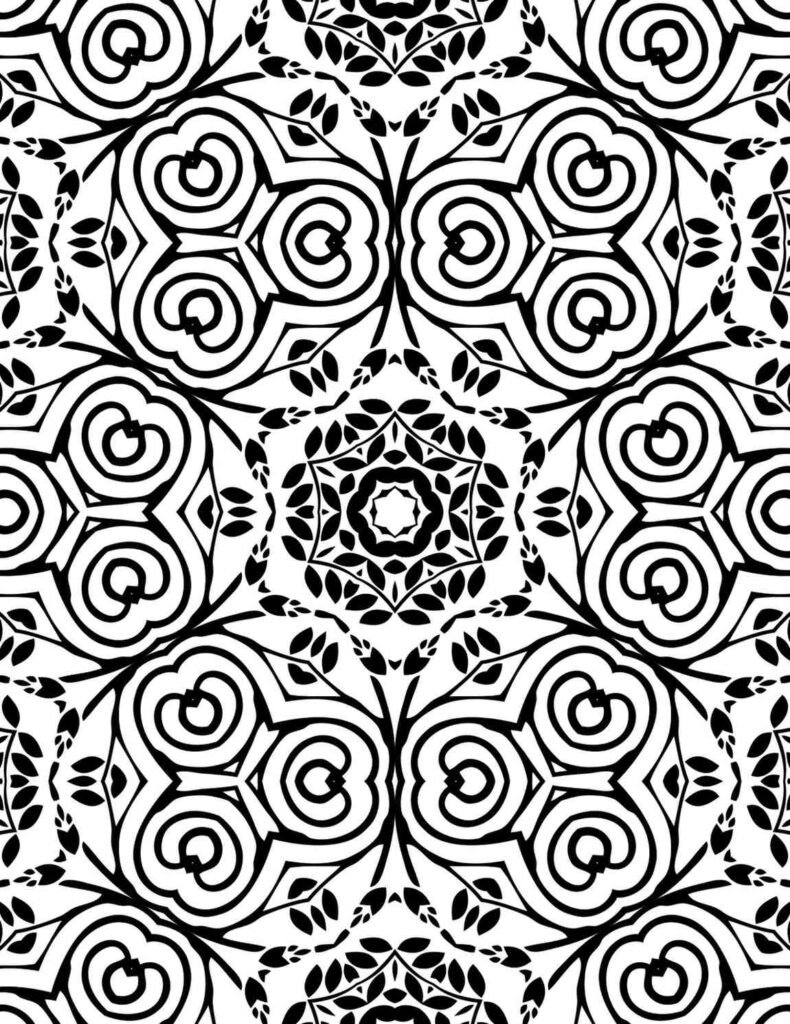 Free printable swirling vine mandala design with intricate leaf patterns and flowing lines for coloring and relaxation
