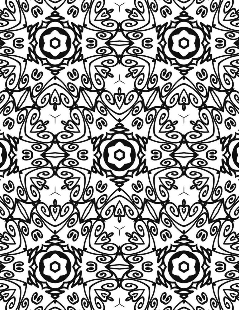 Intricate swirling vine and floral mandala pattern, detailed black and white design for adult coloring and relaxation
