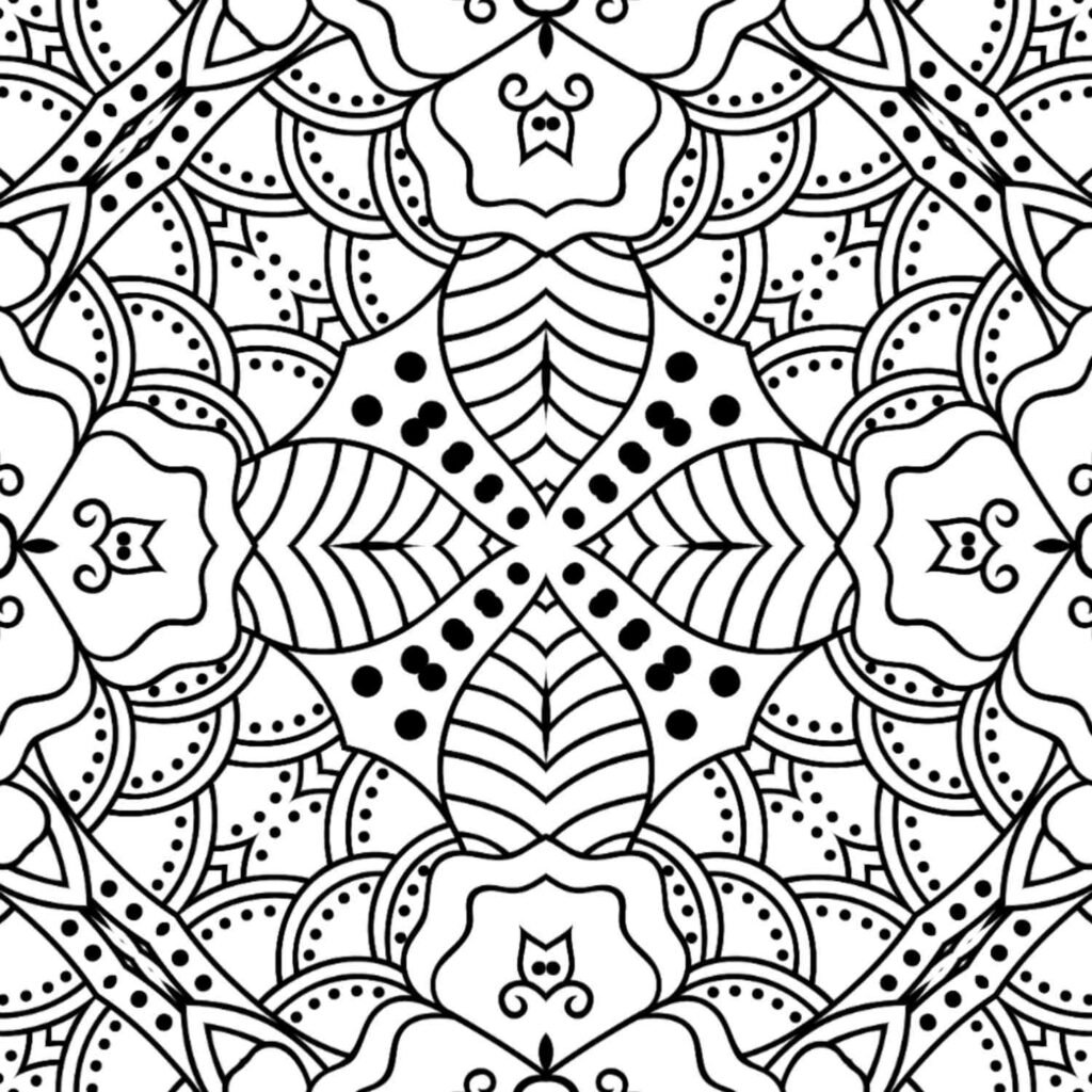 Intricate symmetrical mandala with leaf and petal patterns for adult coloring and mindfulness.