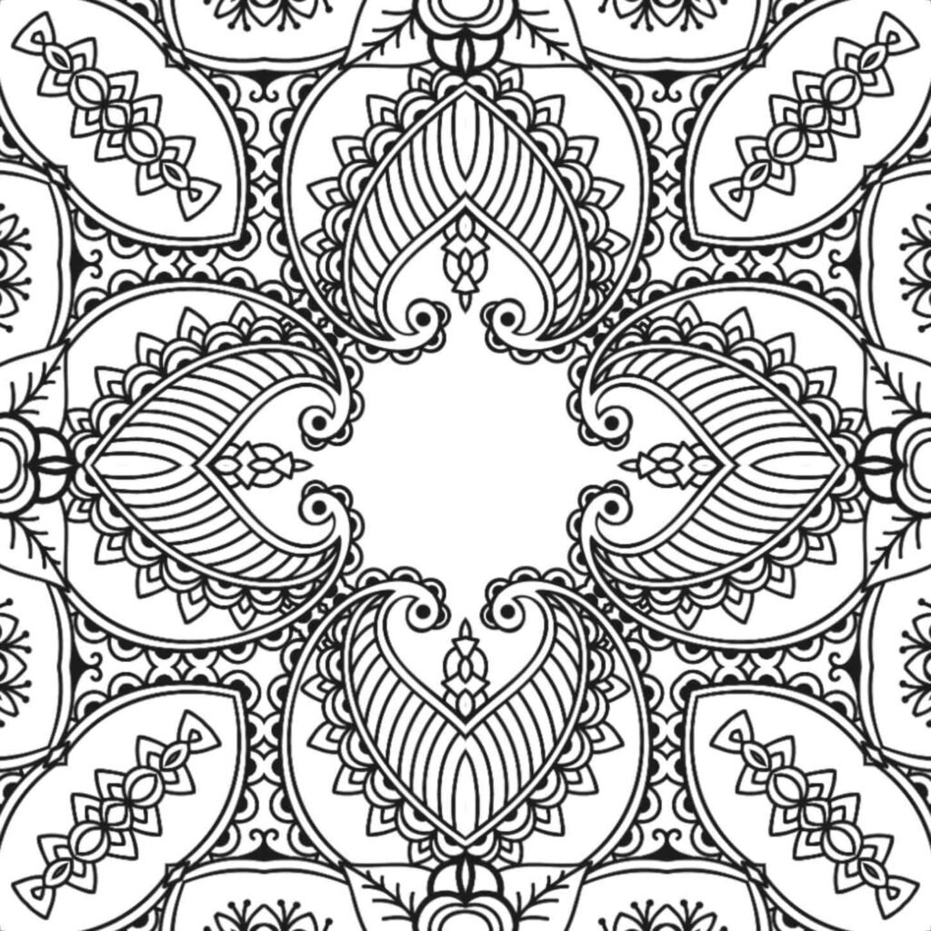 Free printable symmetrical mandala coloring page featuring bold paisley motifs and geometric accents, ideal for adult mindfulness and relaxation