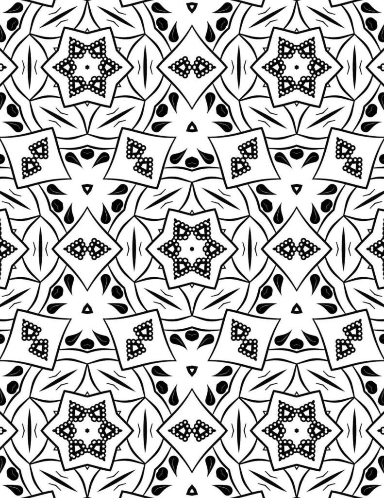 Intricate geometric mandala pattern with star and diamond shapes, featuring dotted textures, ideal for advanced coloring
