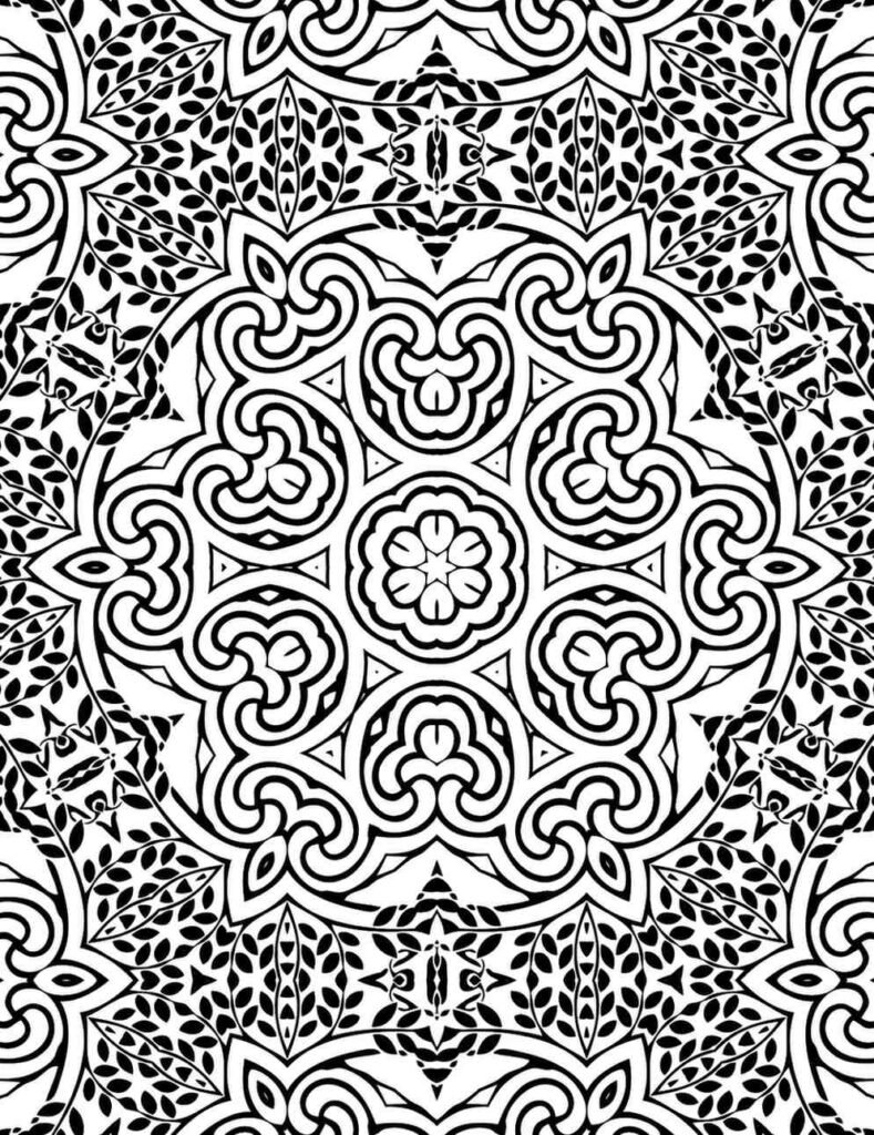 Free printable mandala coloring page with intricate black and white Persian-inspired patterns, flowing lines, and detailed leaf motifs, perfect for stress relief and mindful art.