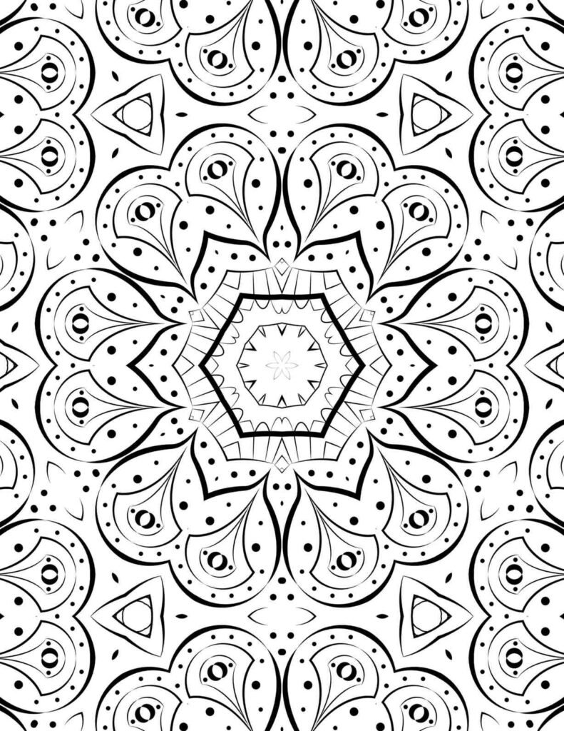 Peaceful teardrop mandala coloring page with flowing lines, intricate dot patterns, and central hexagon, promoting relaxation and creativity.