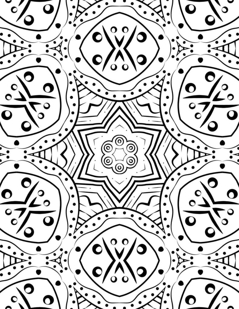 Symmetrical black and white mandala with a central flower, tribal-inspired elements, bold lines, and dot patterns for relaxation.
