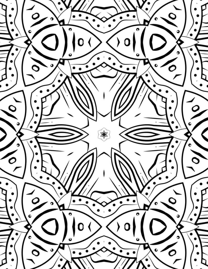 Symmetrical tribal bloom mandala coloring page with bold lines, intricate dots, and eye-like motifs, perfect for relaxation and artistic expression.