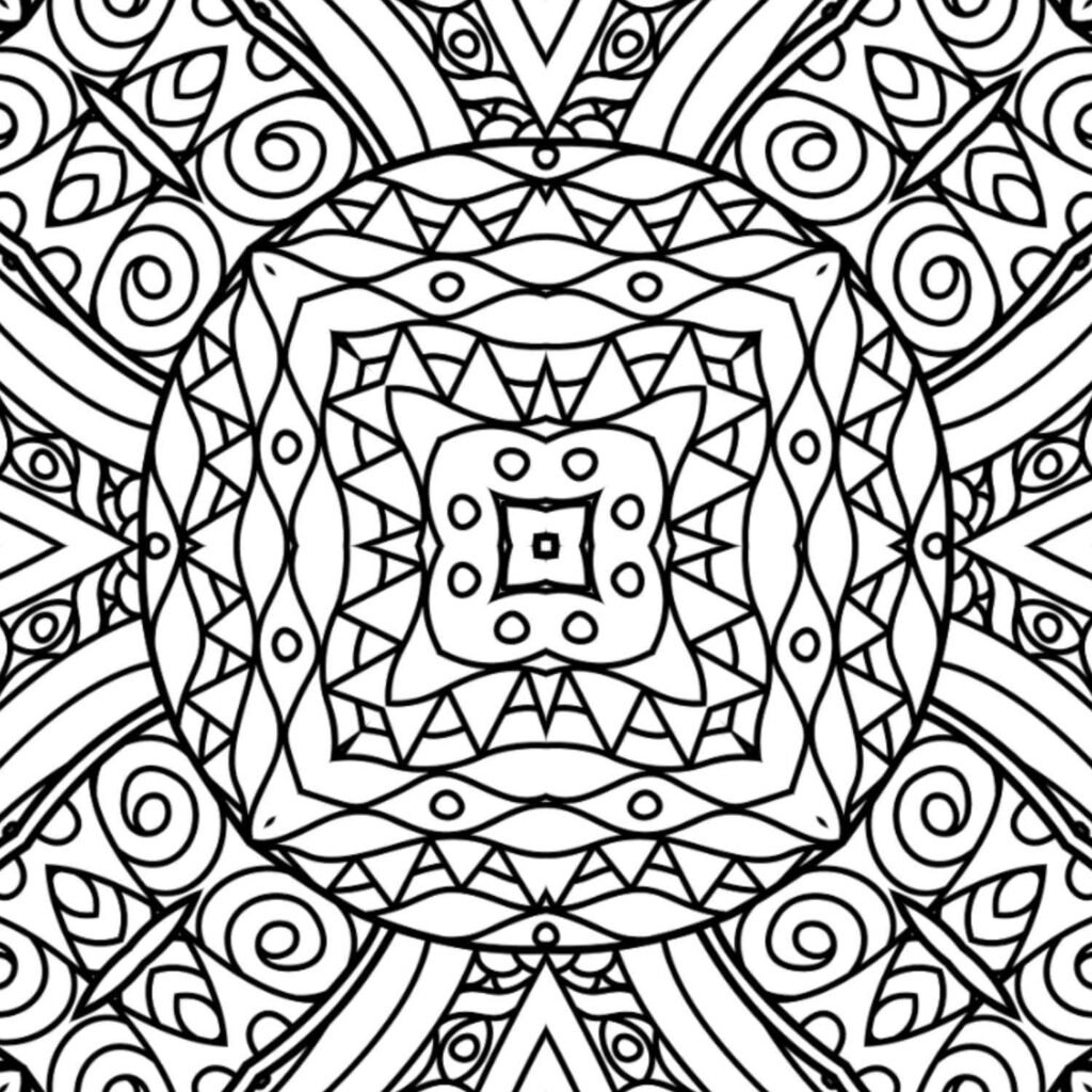Bold tribal echo mandala coloring page with geometric patterns, free printable for mindful grounding and cultural art exploration.