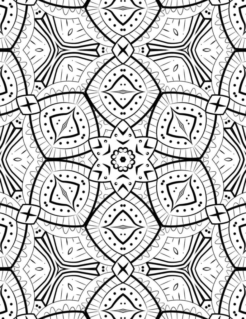 Intricate symmetrical mandala coloring page with a central floral motif, tribal patterns, geometric shapes, and dot work, ideal for stress relief and adult art therapy.